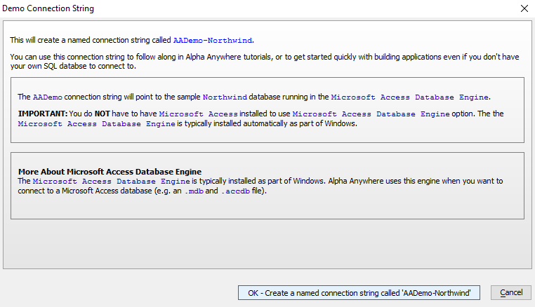 The Demo Connection String dialog provides useful information about the 'AADemo-Northwind' connection string.